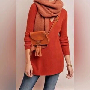Woman ETT TWA ANTHROPOLOGIE Orange Ribbed V-Neck L/s Pullover Sweater Sz XS
